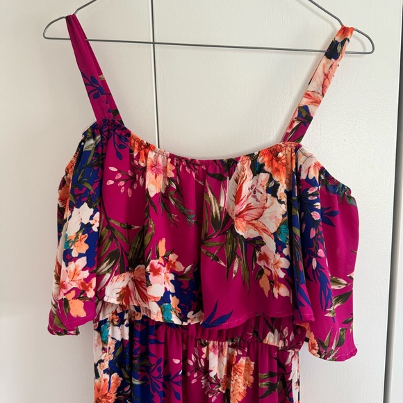 Magenta Floral Ruffle Open Shoulder Maxi Dress - PinkBlush - Size L - Picture 5 of 5